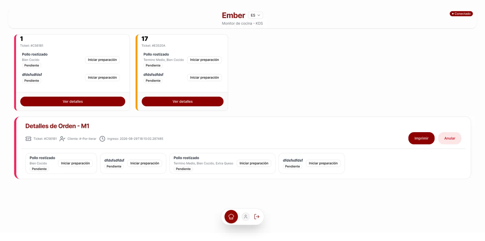 Vista de Ember: Comandas en cocina (KDS)