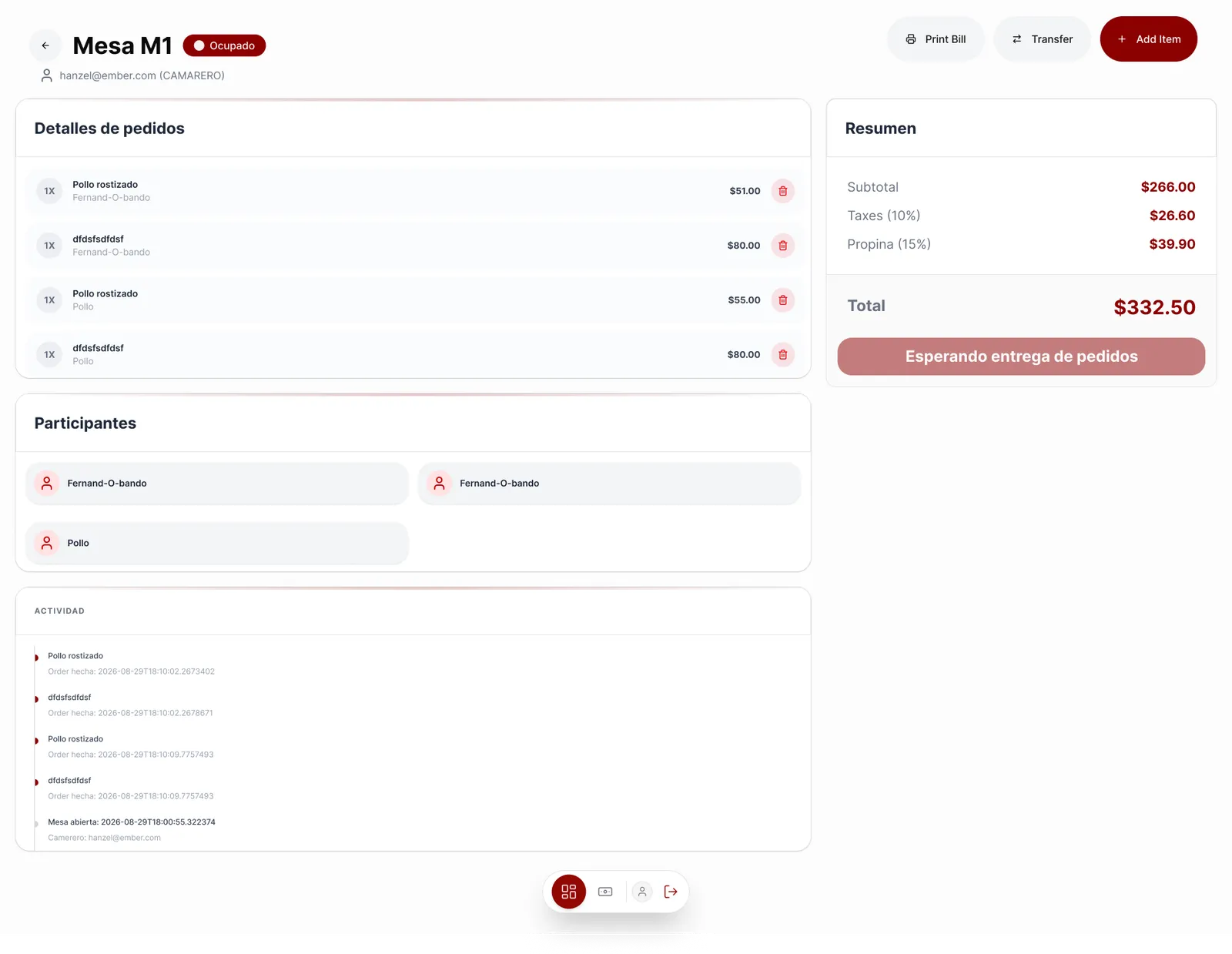 Vista de Ember: Gestión de piso y meseros